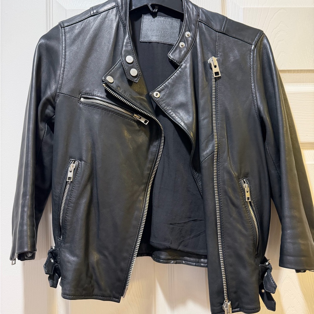 All Saints Black Leather Moto Jacket - cropped sleeve